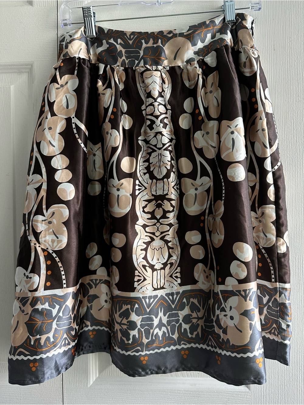 Vintage inspired  satin Brown and Cream Floral A-Line Skirt * cottagecore* Sz M